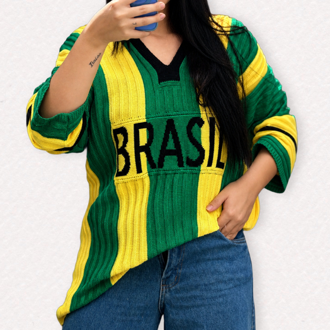 Camisa Feminina Tricot Brasil Listrada Decote V Ro