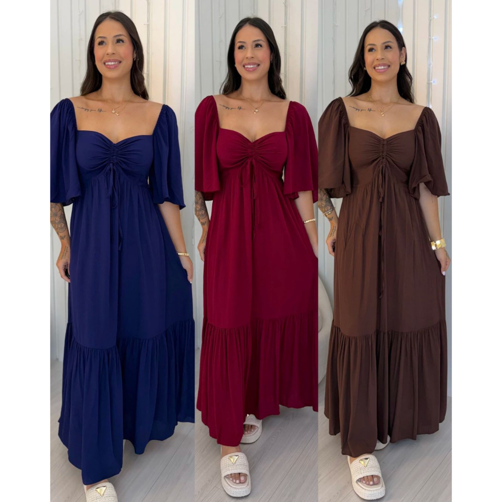 VESTIDO LONGO FEMININO ELEGANTE MANGA BABADO EN TE