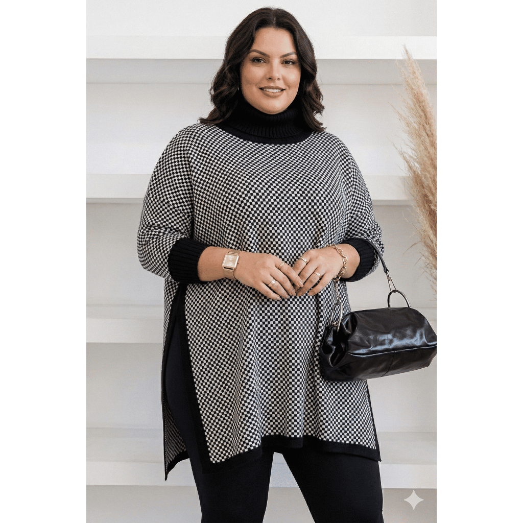 Poncho Plus Size Feminino Tricot Xadrez Jacquard B