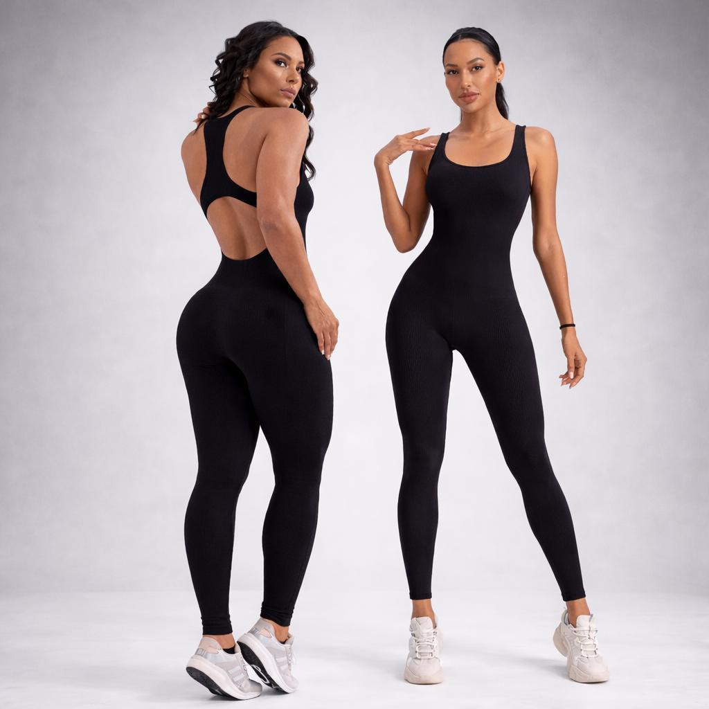Macacão Longo Canelado Feminino Academia Fitness 