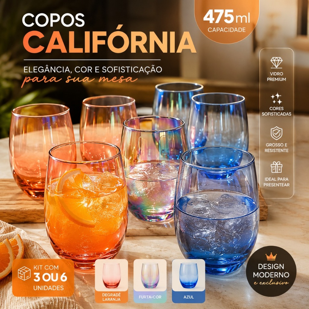 Copo Califórnia 475ml Vidro Premium Colorido Kit 