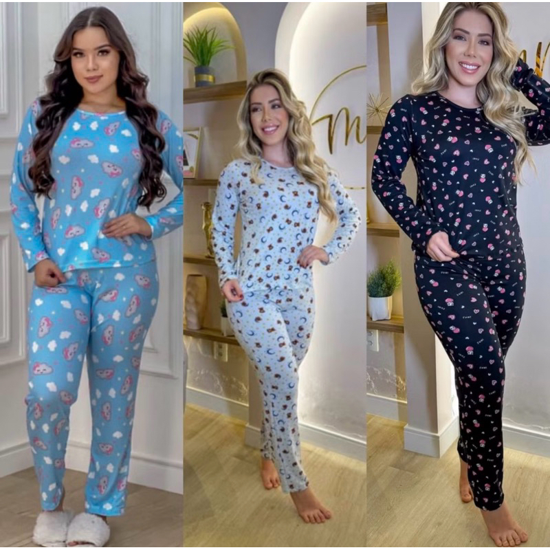 Pijama de inverno feminino comprido de suede com e