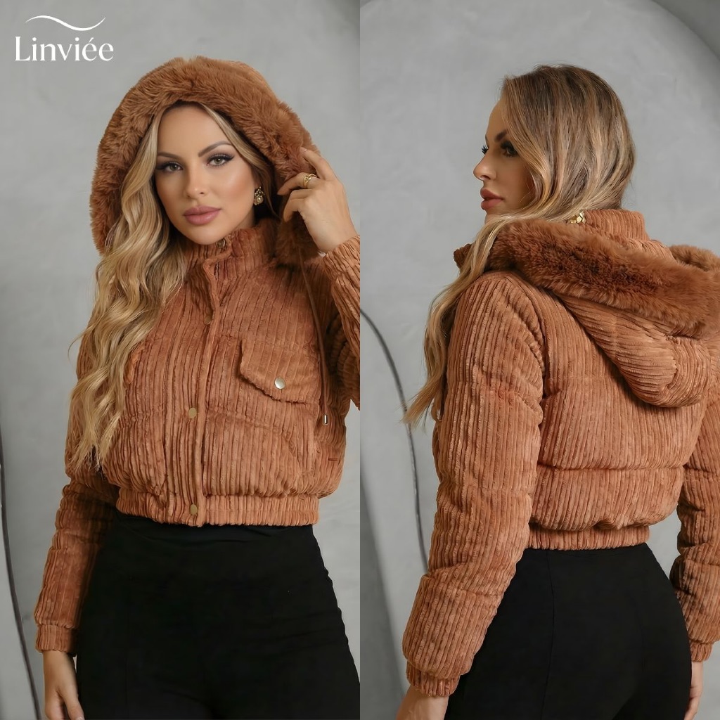 Jaqueta Feminina Cotelê Puffer Casaco Cropped For
