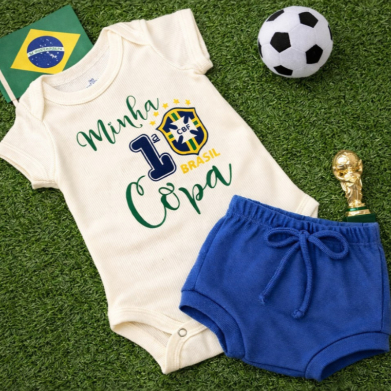 Conjunto Bebê Copa Brasil Body Canelado Manga Cur