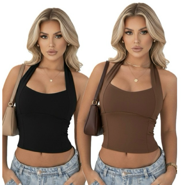 KIT 2 BLUSAS FEMININA TOP HALTER CROPPED AJUSTADO 