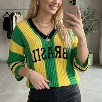 Blusa Tricot Brasil Copa do Mundo Manga 3/4 Canela