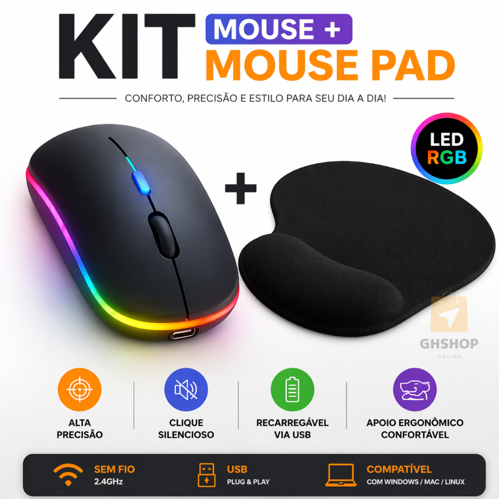 Kit Mouse Sem Fio Recarregavel Para Notebook Rgb +