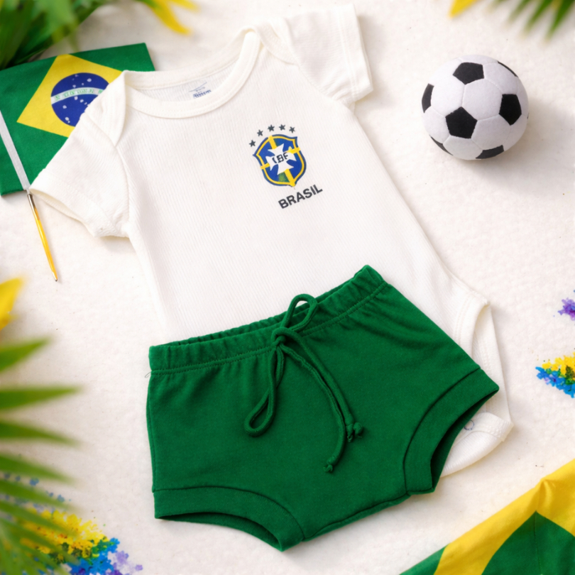 Conjunto Bebê Brasil Torcida Body Infantil Canela