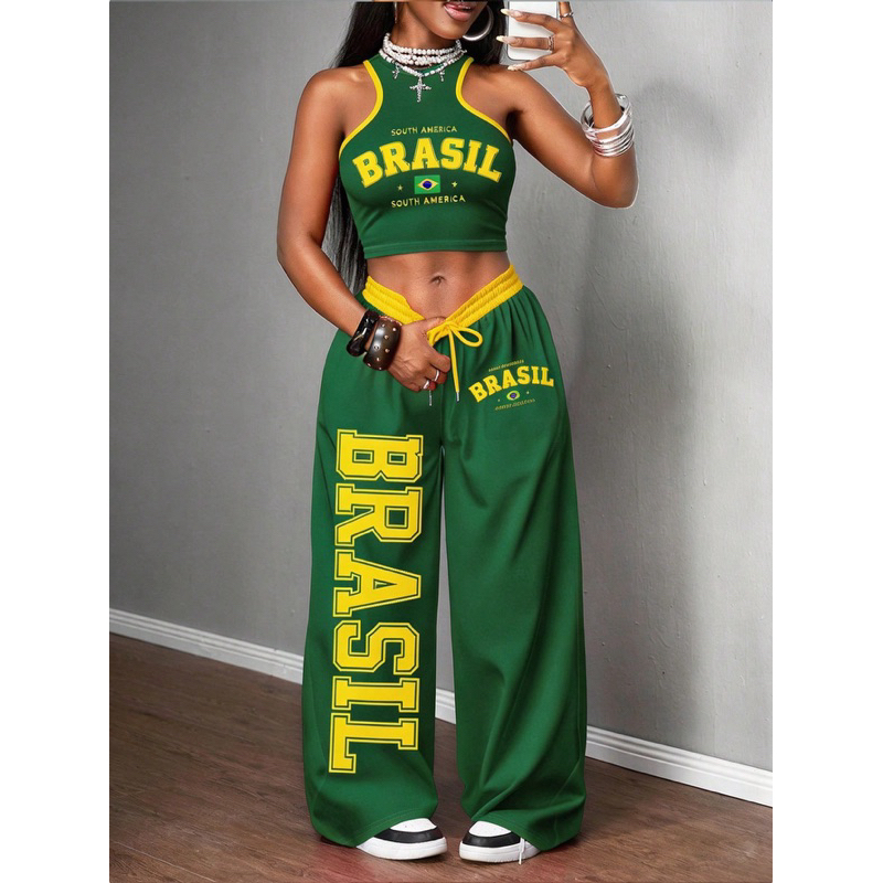 Blusa Brasil Cropped Calça Conjunto Streetwear PP
