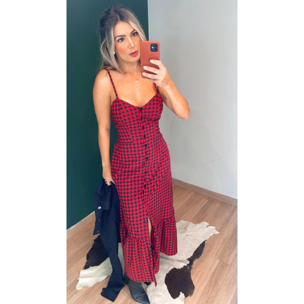 Vestido Mídi Xadrez Crepinho Com Bojo , Confortá