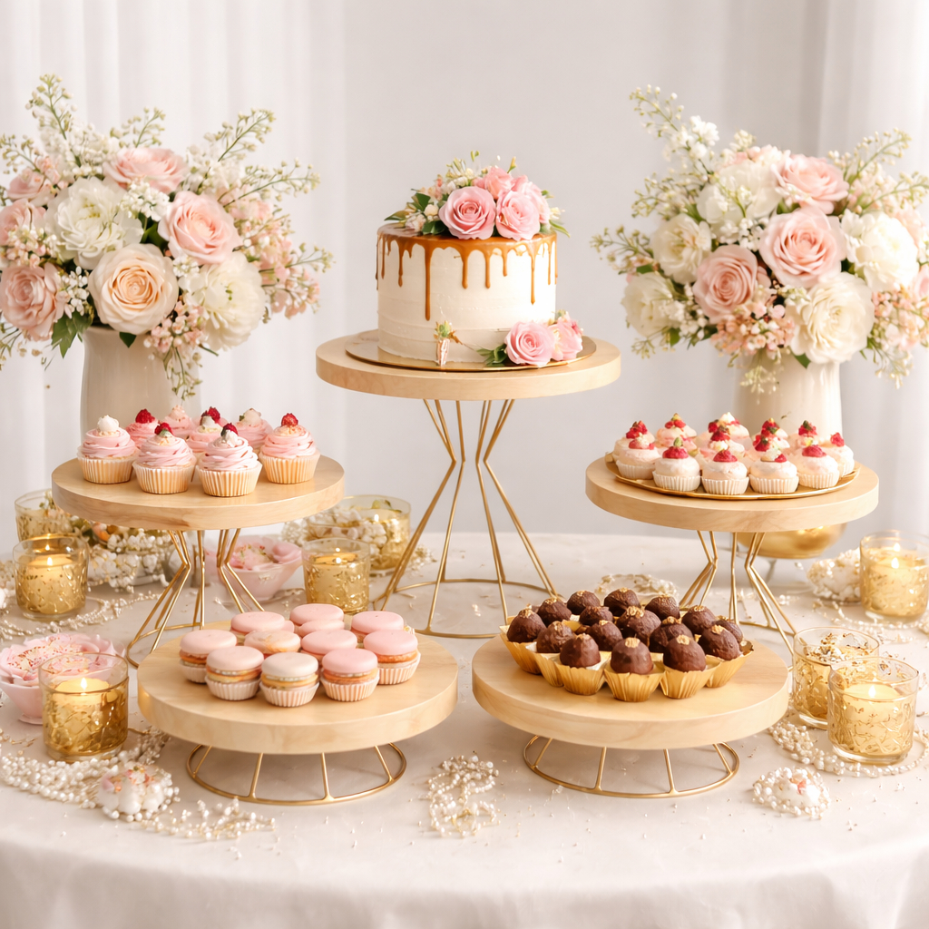 Kit Boleiras Decorativas Madeira com Base Dourada 
