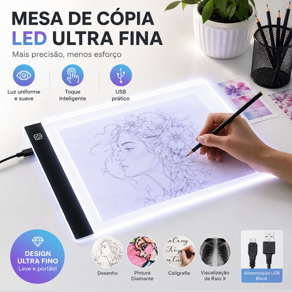 Mesa De Led Luz Branco Desenho Transposição A4 P