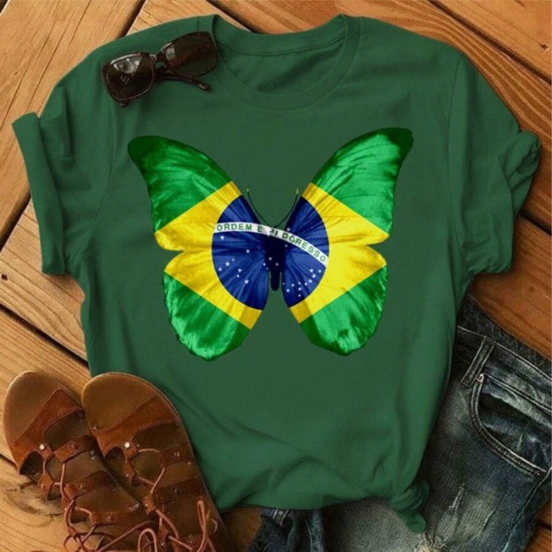 T-Shirt Feminina Brasil Borboleta Camiseta Branca 