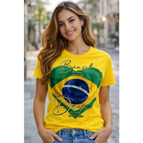 blusa Feminina Camiseta Brasil Acima De Tudo, cami