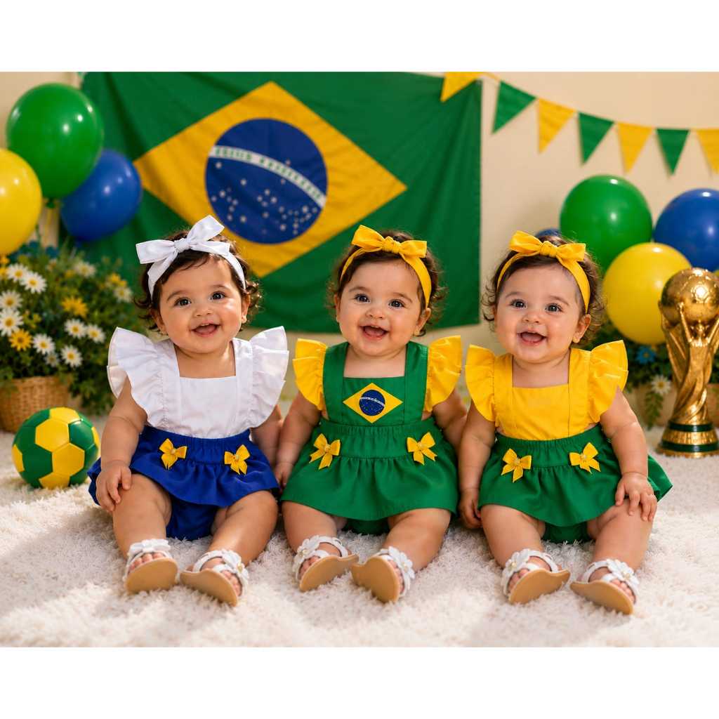 Kit Romper Bebê Vestido Com Faixa Brasil Copa Sel