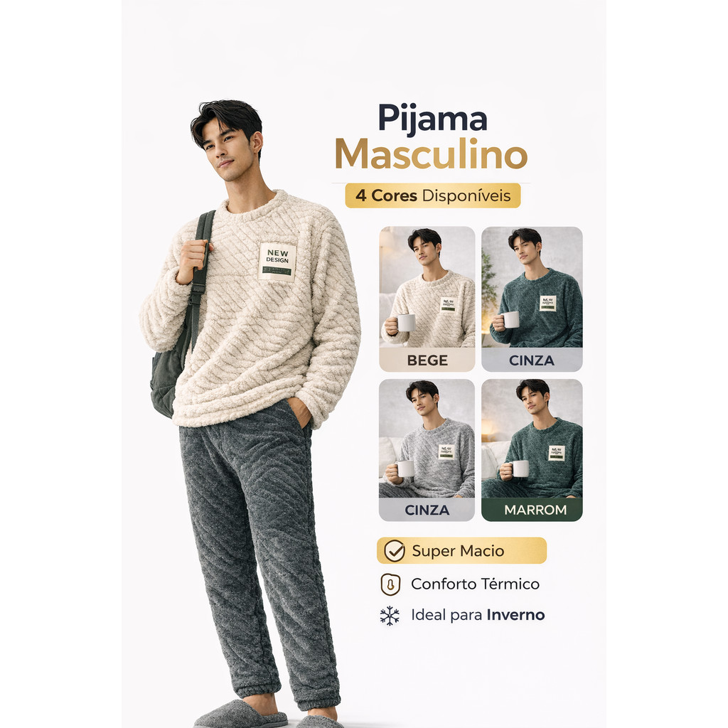 Pijama Masculino Inverno Peluciado Conjunto Manga 