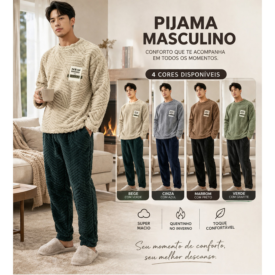 Conjunto Masculino Pijama Peluciado Inverno Manga 