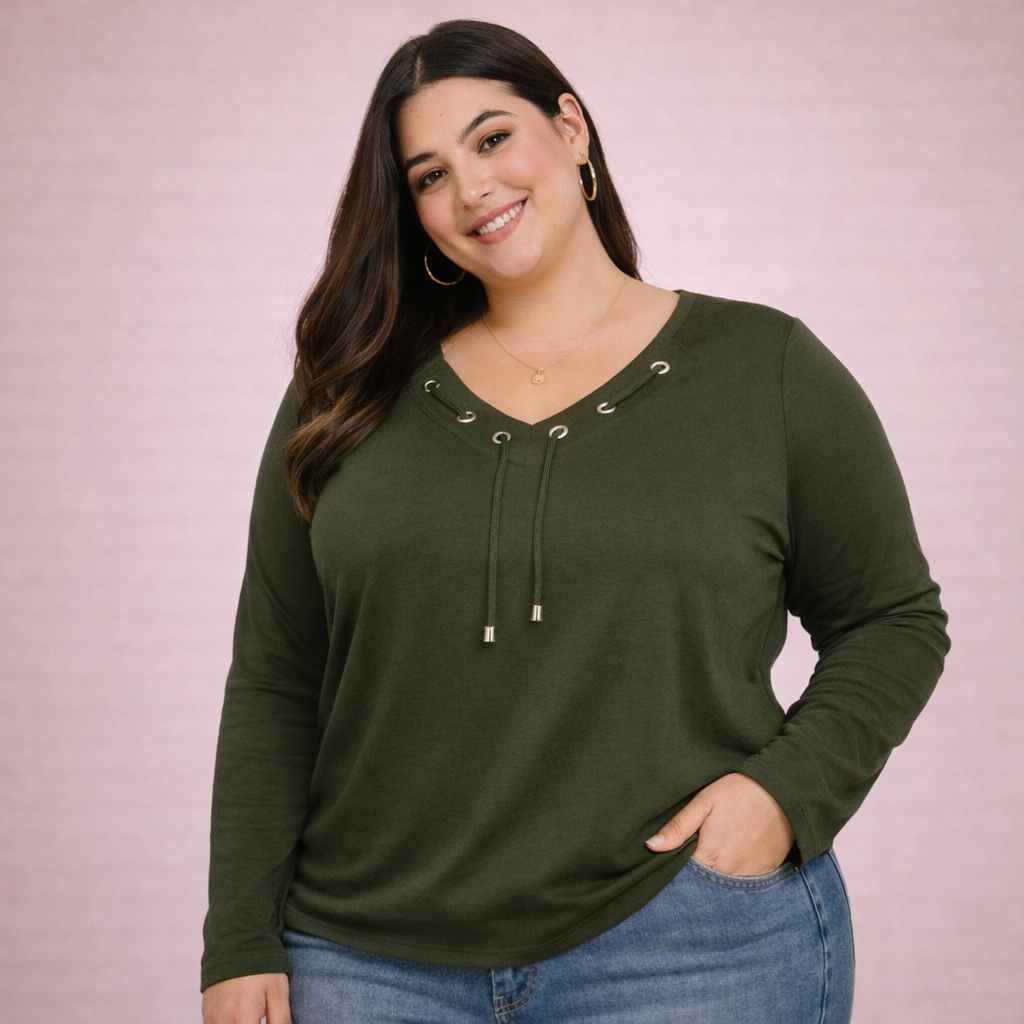 Blusa Feminina De Frio Manga longa Decote V Ilhós
