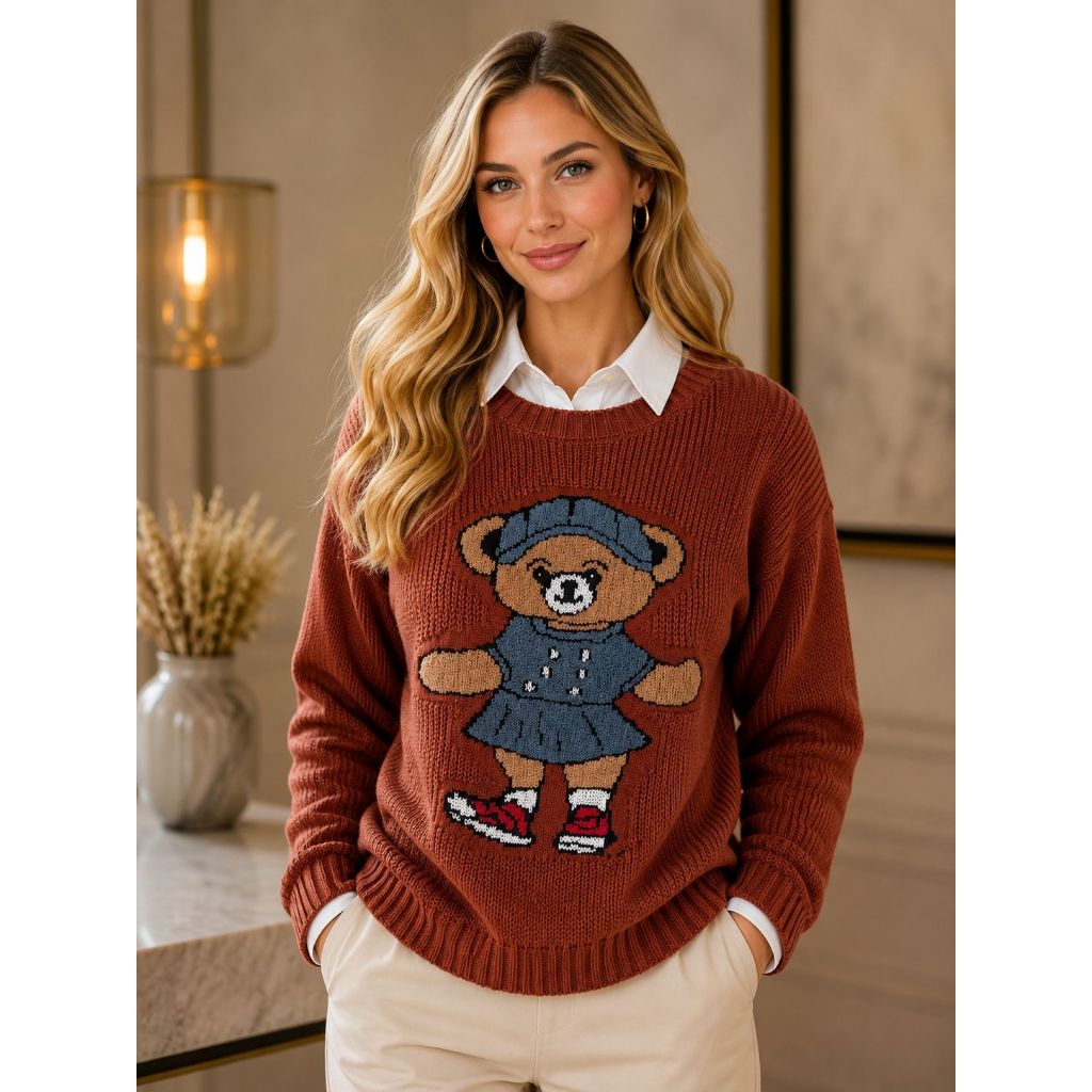 Blusa de Tricô Ursinho Feminina Inverno Outono Qu
