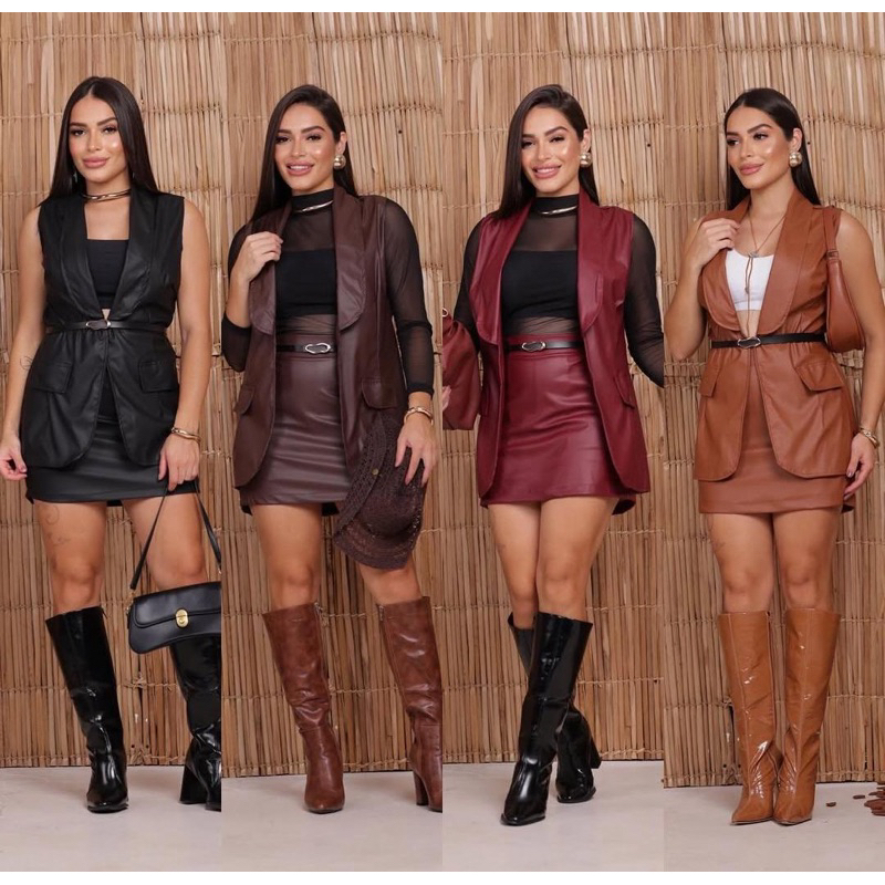 Conjunto Feminino Couro Sintético Saia + Colete E