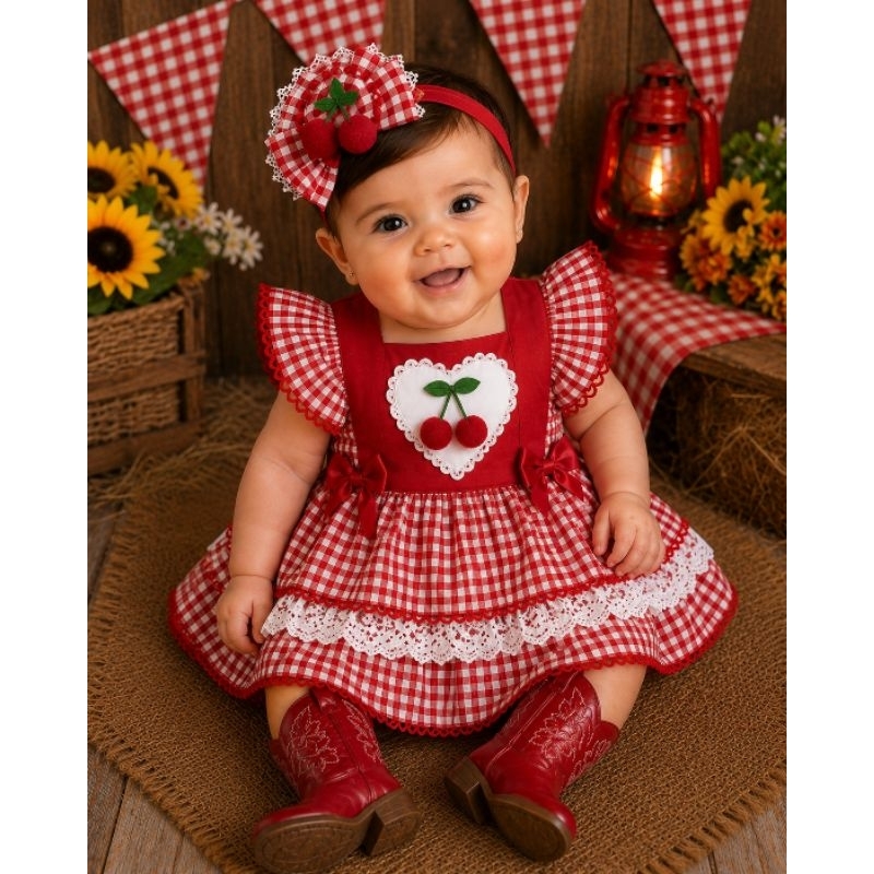Kit Romper Festa Junina Bebê Luxo + Laço | Roupa