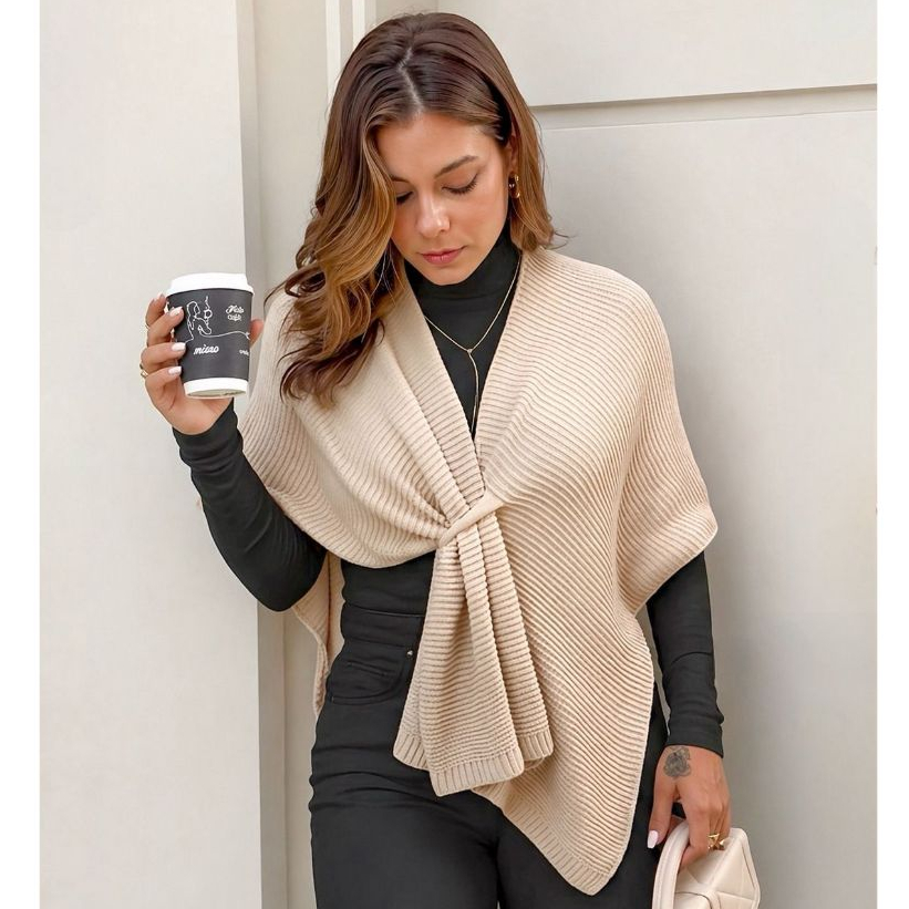 Capa Transpassada Poncho Xale Blusa Feminina Trico