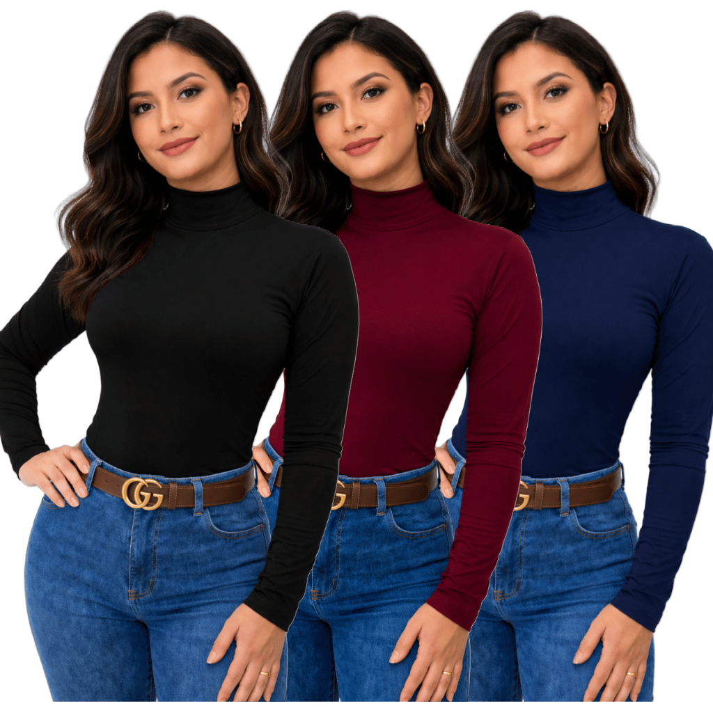 Kit 3 Blusas Feminina Manga Longa Cacharrel Justa 