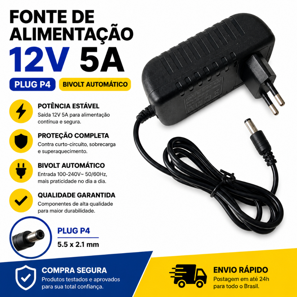 Kit 5 60w Fonte Estabilizadora LED 12V 5A Plug P4 