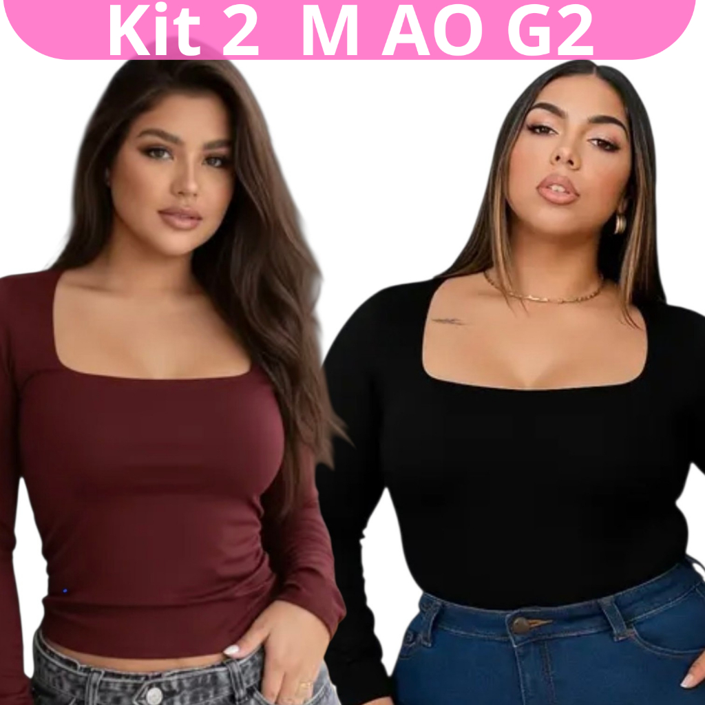 Kit 2 Blusas Feminina Gola Quadrada de Manga Compr