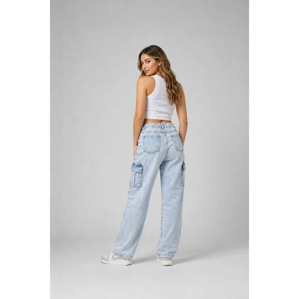 Calça Jeans Cargo Feminina Casual Chic Confortáv