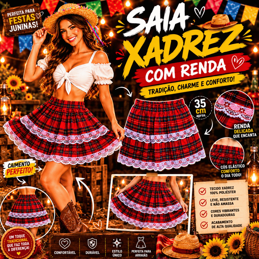 Saia Xadrez Feminina Festa Junina São João Look 