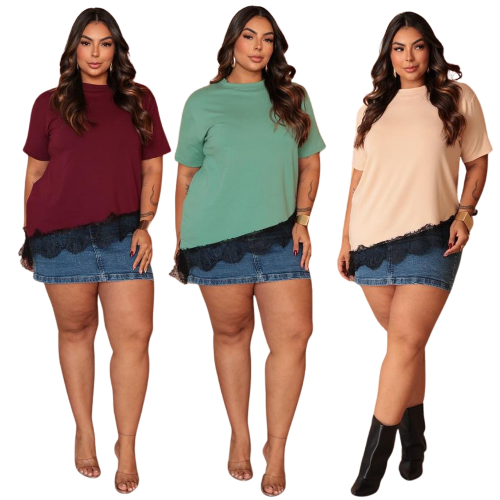 Blusa Feminina Plus Size Assimétrica com Renda Ch