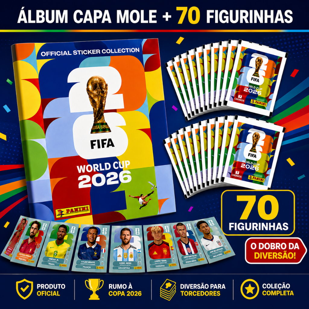 Álbum Copa do Mundo 2026 + 70 Figurinhas (10 Paco