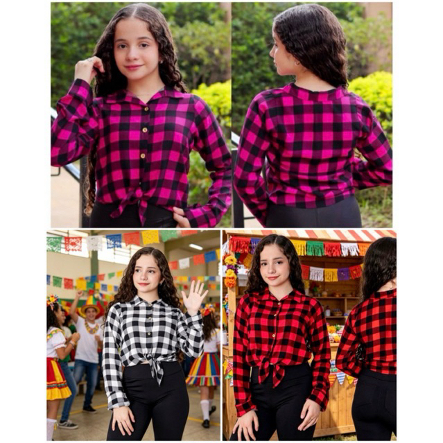 Camisa Infantil Xadrez Menina Amarração Festa Ju