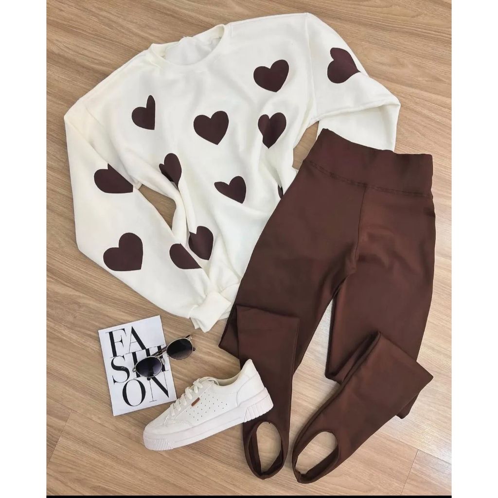 Conjunto De Moletom Feminino Blusa de Coração e 