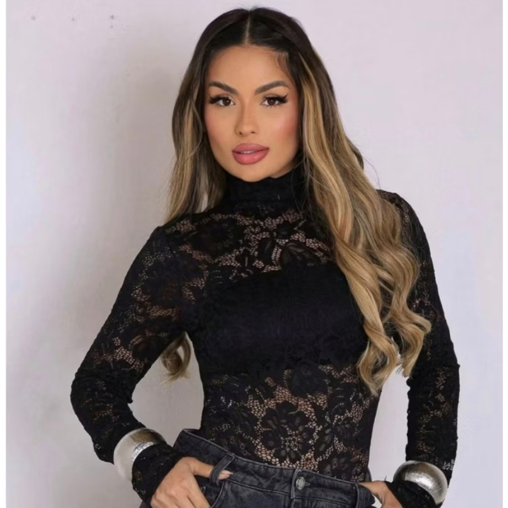 Body Feminino Renda Manga Longa Gola Alta Elegante