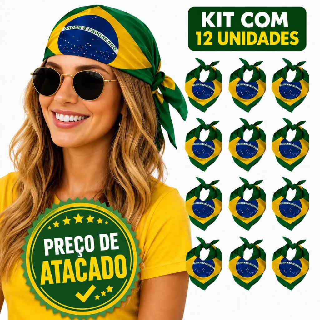 Kit Com 12 Bandana Lenço Bandeira Brasil Torcida 