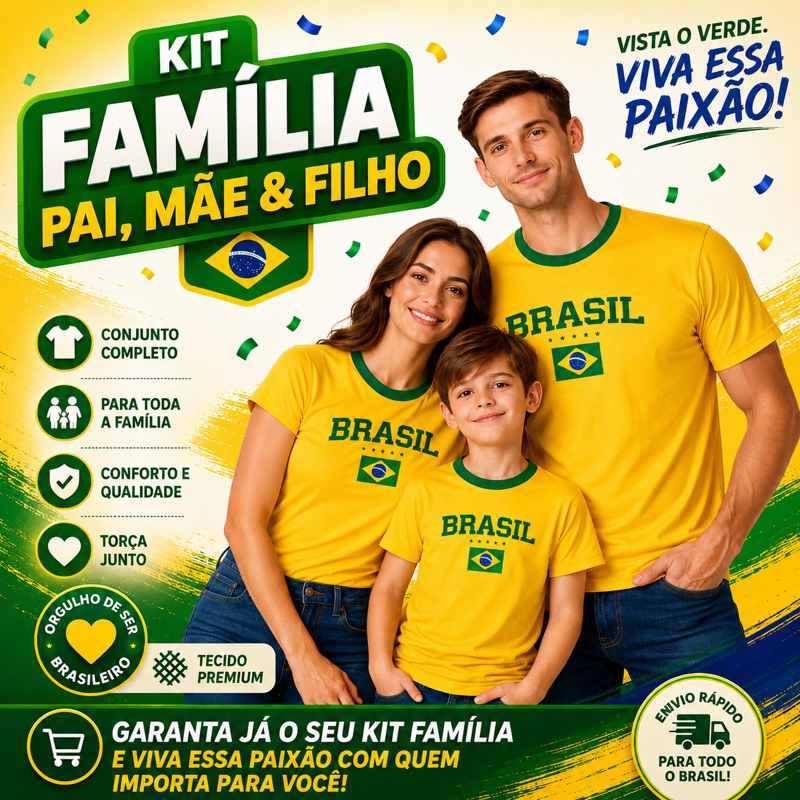 Kit Família Brasil Pai Mãe Filho Camisetas Copa 