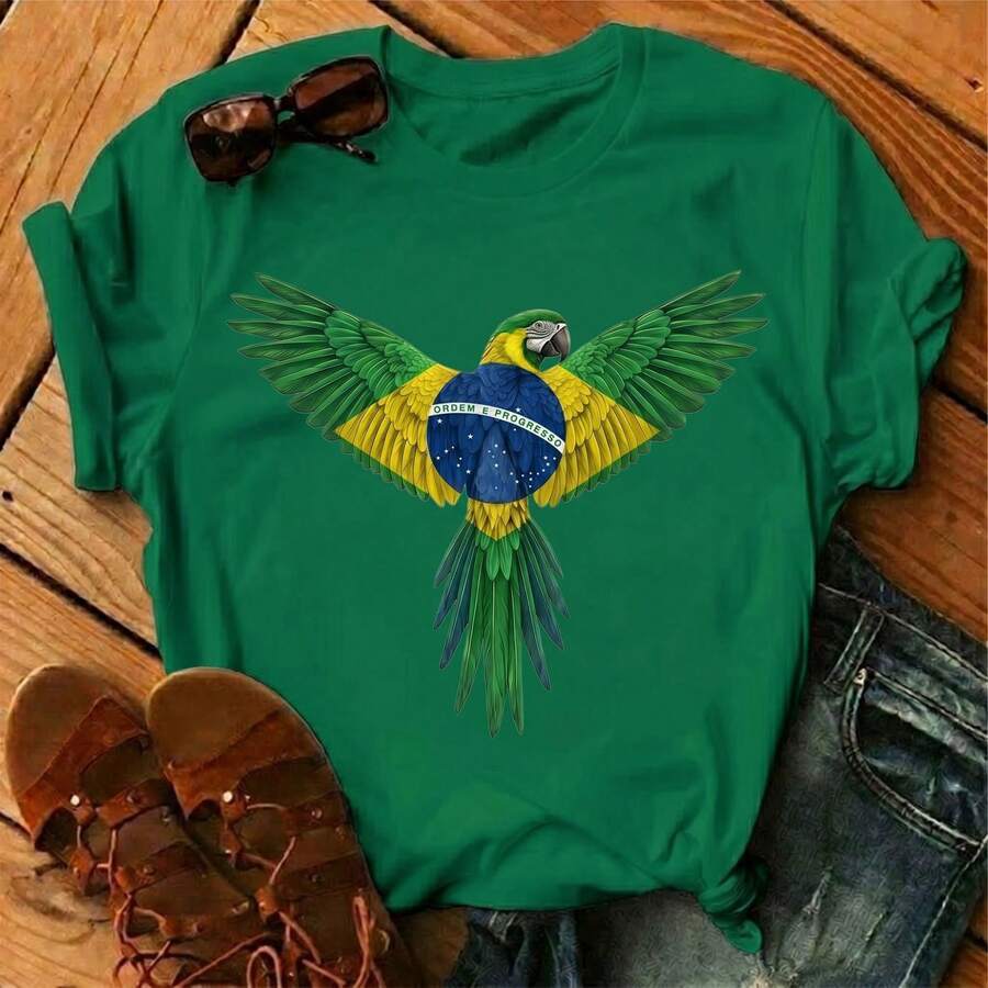 Camiseta Feminina Blusa Brasil Arara -T-shirt Copa