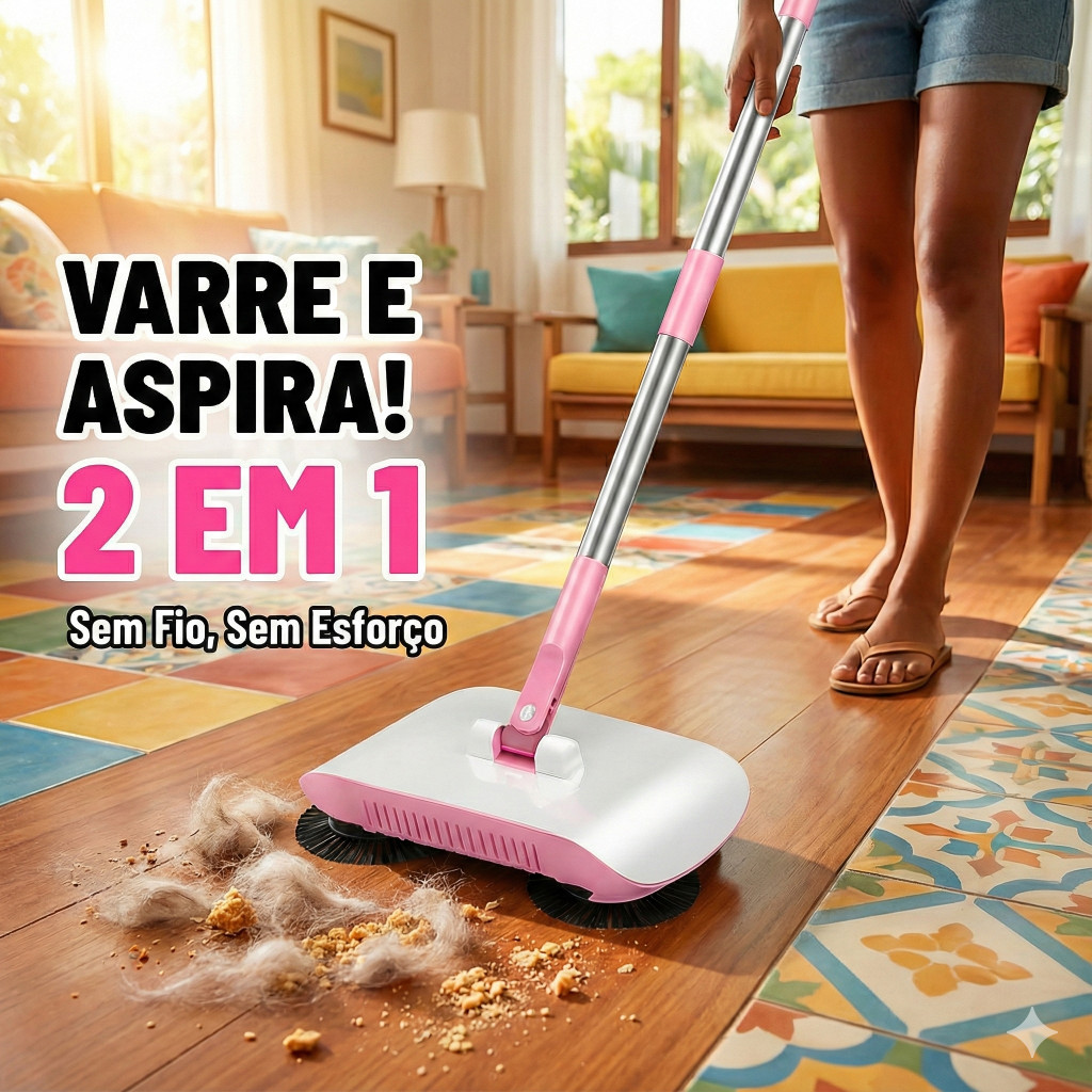 Vassoura Mágica 2 em 1  Aspirador Manual e Esfreg