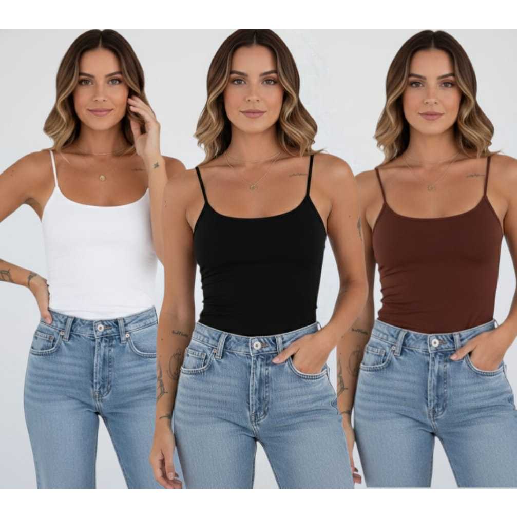 Kit 3 Blusa Regata Feminina Suplex Alça Fina Crop