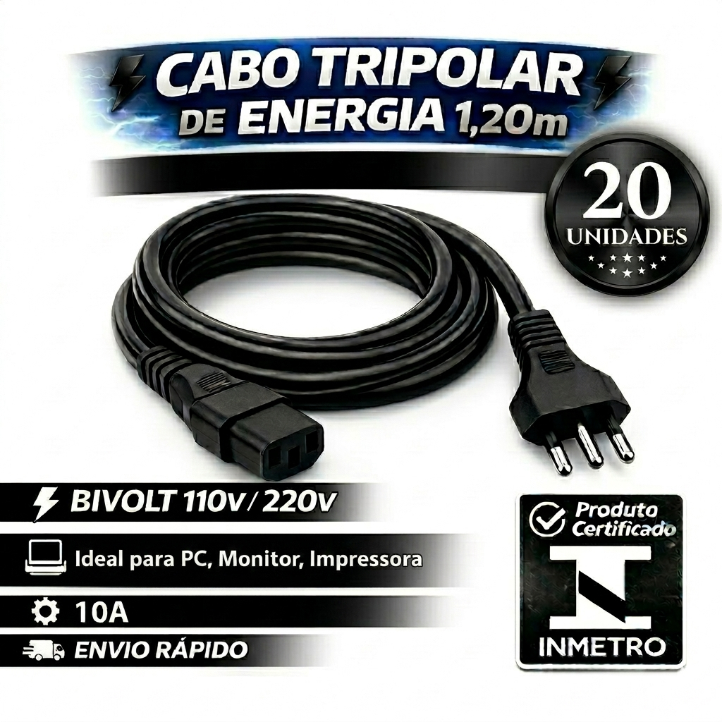 Kit 20 Cabos De Força tripolar 1.20M 3X.075mm2, S