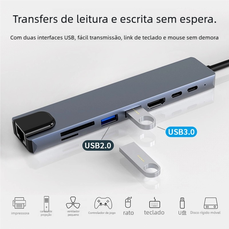 Hub 8 em 1 Tipo C OTG – Multifuncional para