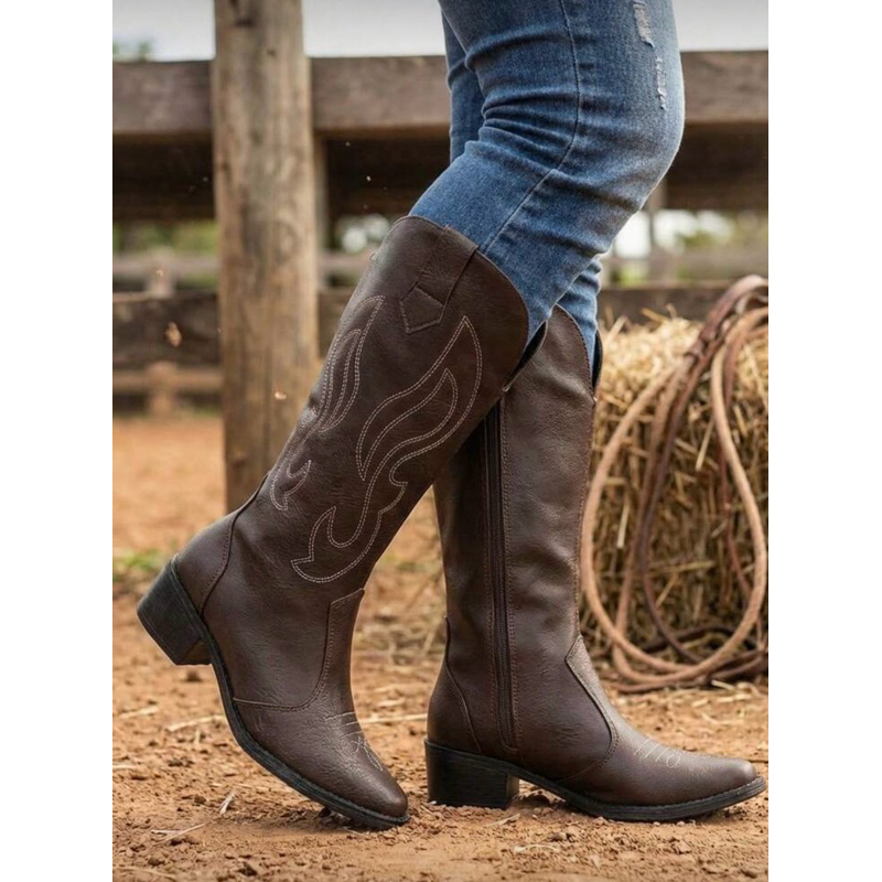 Bota Texana Feminina Cano Alto Com Bordado Exclusi