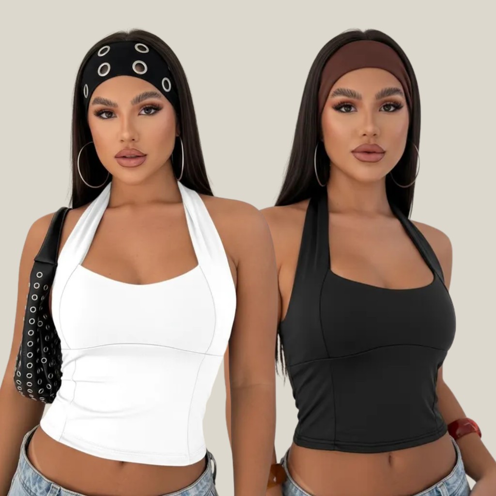 KIT 2 BLUSAS FEMININA TOP HALTER CROPPED AJUSTADO 