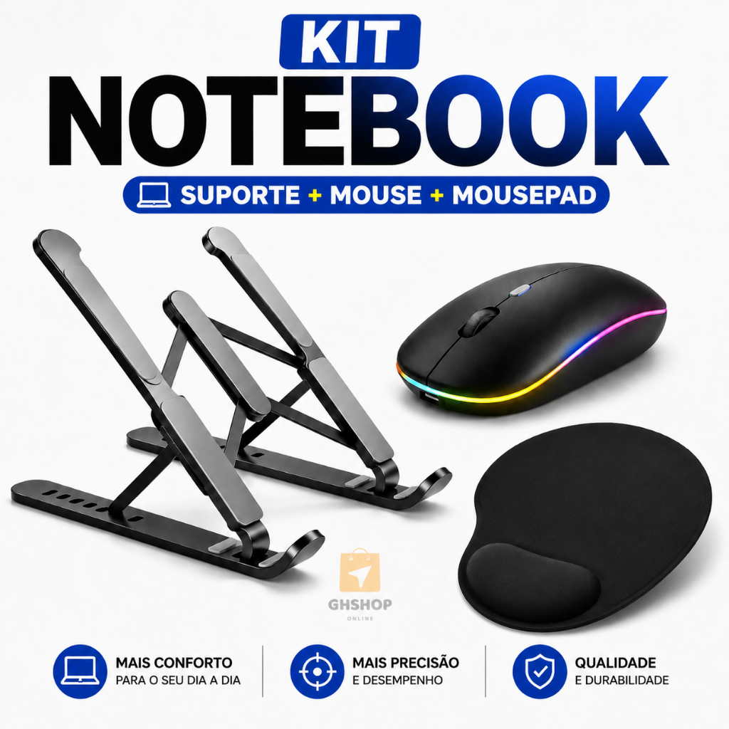 Kit Suporte de Notebook+Mouse Sem Fio+Mouse Pad Ap