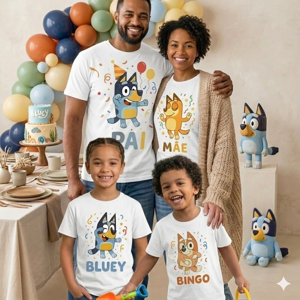 Kit Camiseta Família Bluey e Bingo Branca 100% Al