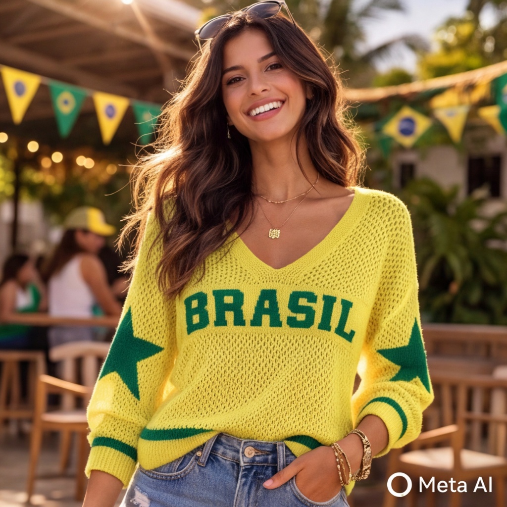 Blusa Feminina Tricot Brasil Manga Longa Decote V