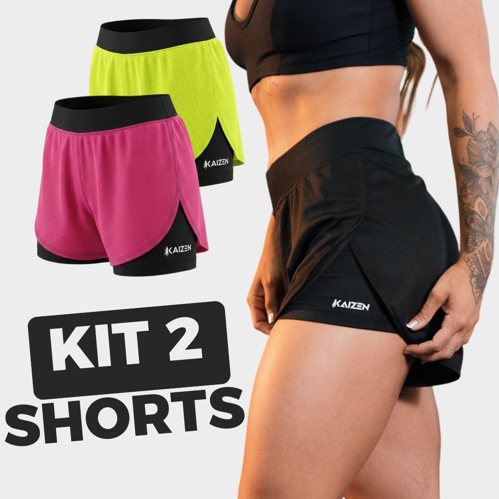 KIT COM 2 SHORTS FEMININO 2 EM 1 FEMININO DRY FIT 