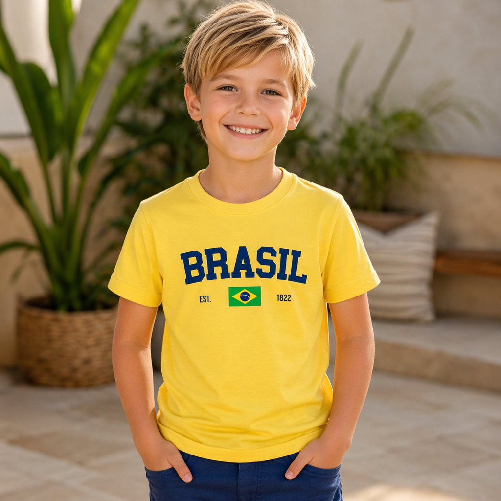 Camiseta Infantil Brasil Unissex Azul Bic 100% Alg